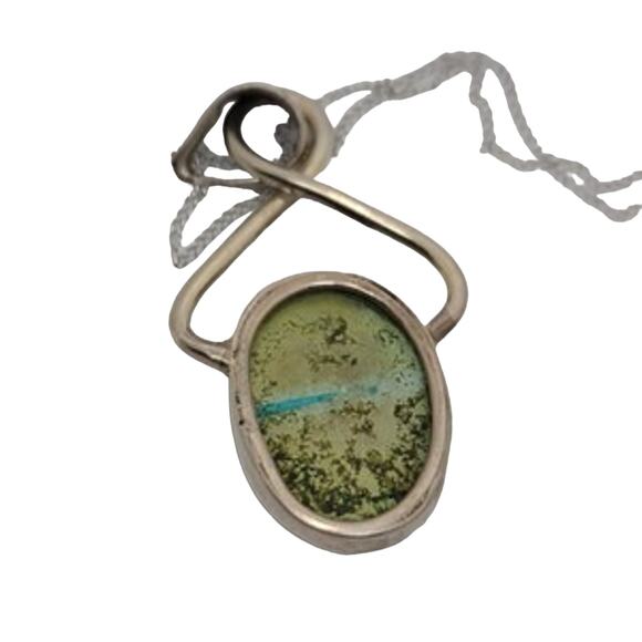 Vintage Unique Cabochon 1" x 11/16" Oval Turquoise Silver Pendant 18" - Picture 5 of 5